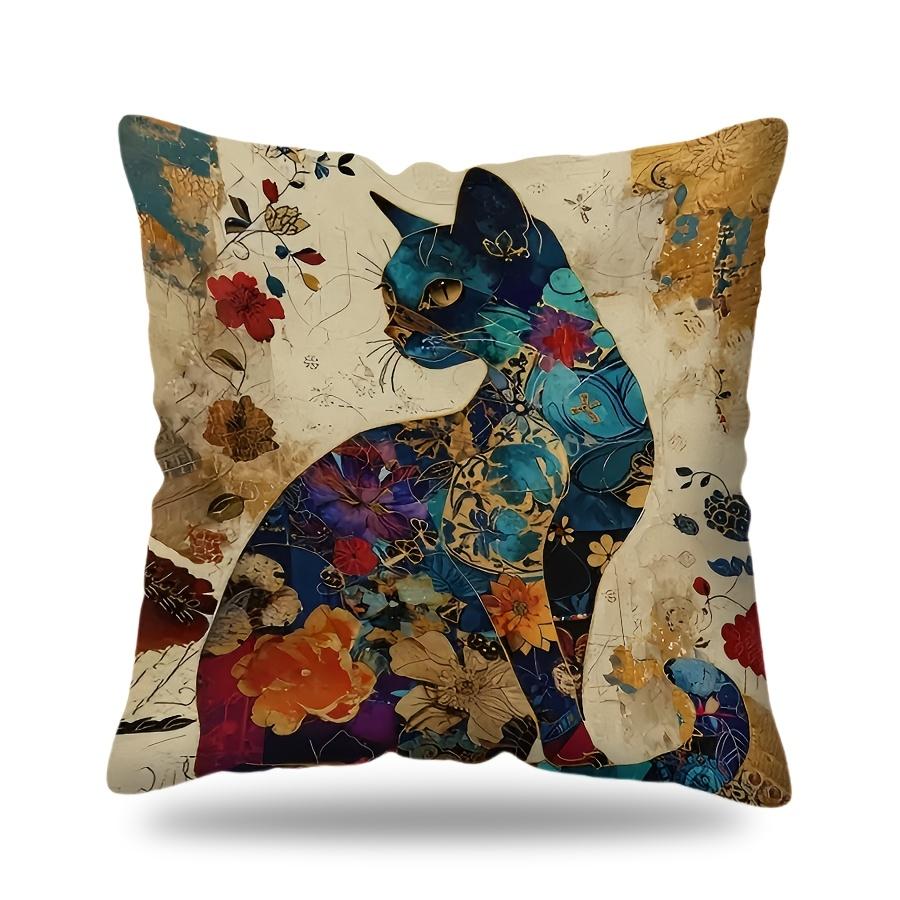 Exotic Cat Print Pillow Cover Zipper Closure Removable Fine One-Side Design Vibrant Blue & Golden Floral Pattern Bedroom, Sofa, Car Pillowcase