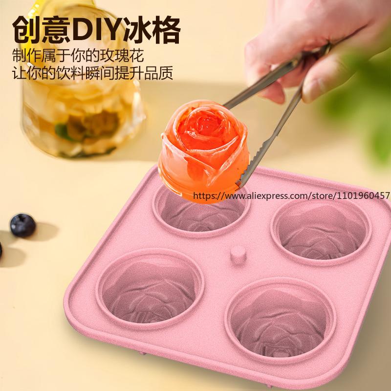 Rose-Shaped Ice Tray 4-Cube  Ball Silicone Mold Whiskey-Friendly Home  Maker Food-Grade Silicone  Cube Maker
