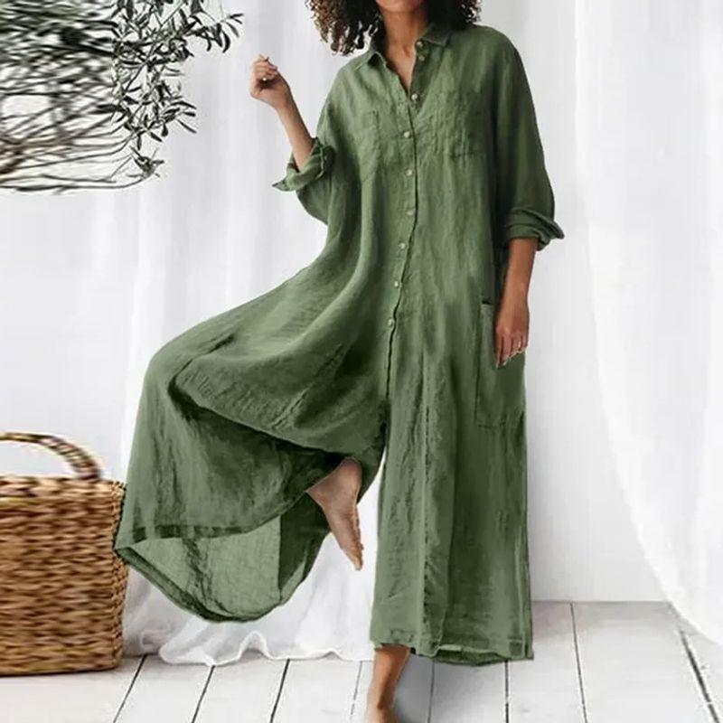 

Long Sleeved Casual Shirt Jumpsuit Pure Color Long Sleeves Casual Shirt One-Piece Pants Green XL