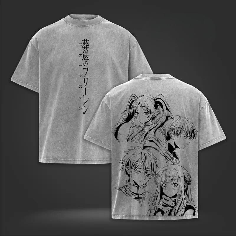 Frieren Beyond Journey's End Anime Clothing Men Women Oversized T-shirts Washed T Shirt Vintage Cotton Tshirt Harajuku Tops