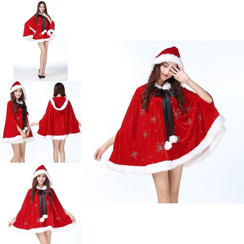 Atemberaubender Damen Weihnachts-Rot-Samt Nikolaus Umhang Kapuze Xmas Cosplay Kostüm