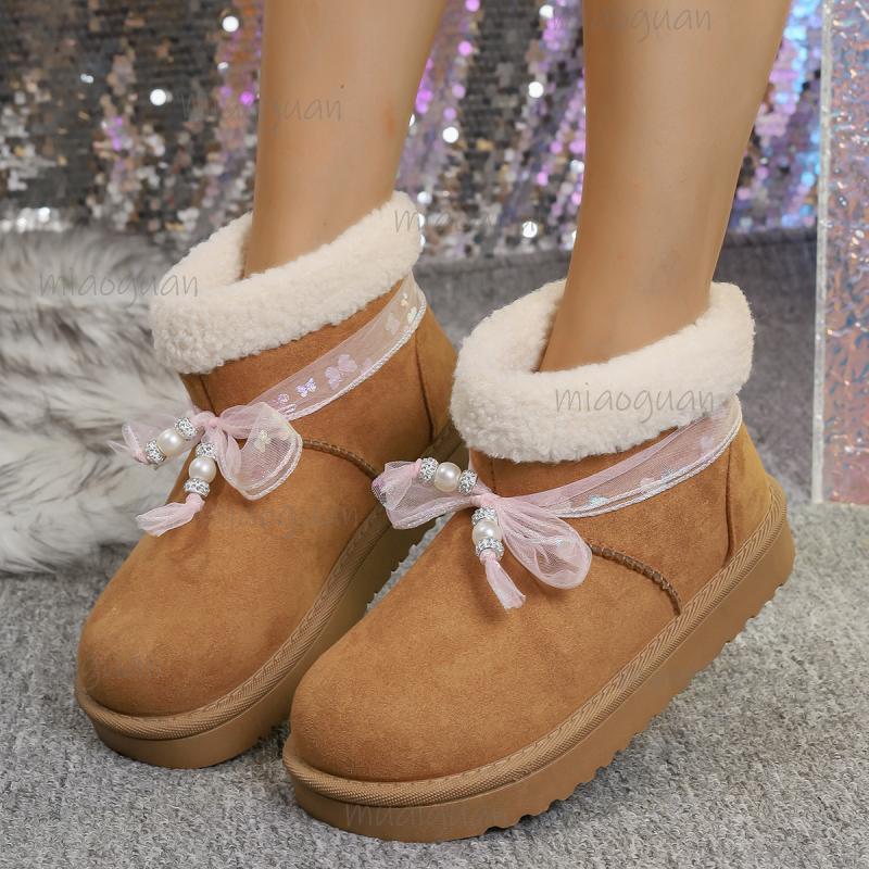 Fashion Sweet Bowknot Decoration Cotton Snow Boots Women 2025 Winter Warm Short Plush Ankle Boots Fashion Faux Fur Slip On Booties