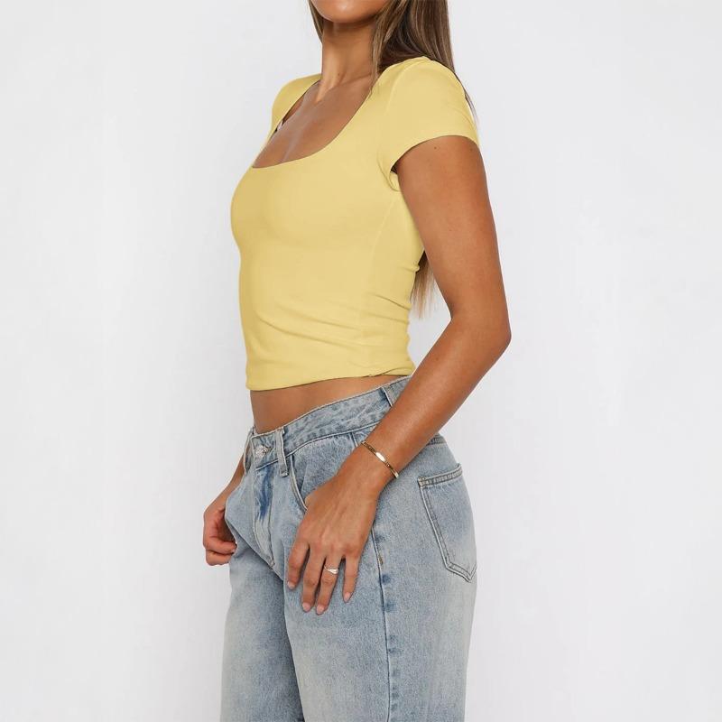 Dámský crop top čtvercovým výstřihem, krátkým rukávem, jednobarevný, přiléhavý, ležérní tričko