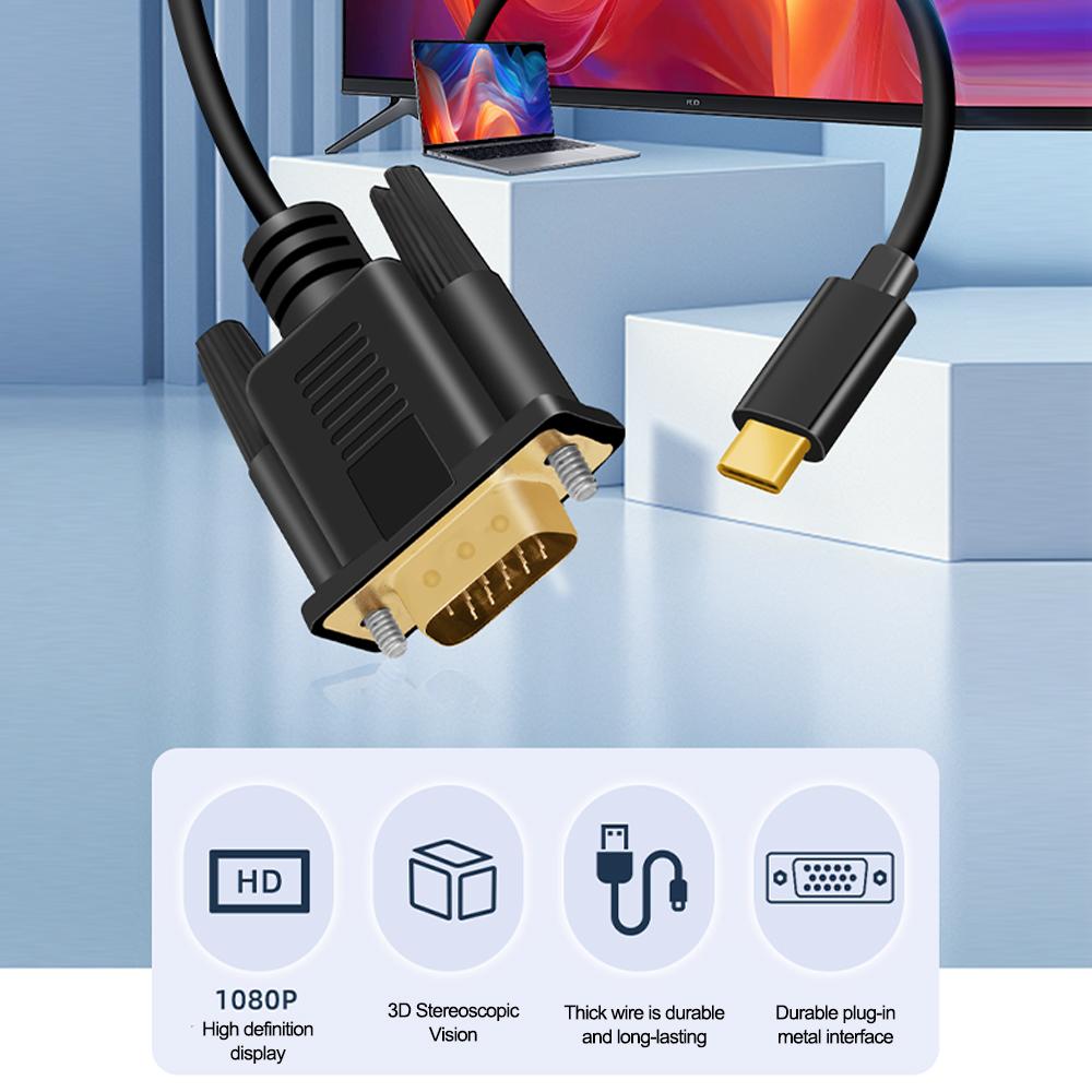 USB C 3.1 To VGA Adapter 1080P Type-C Male To VGA Male Video Converter Cable For HDTV Projector Laptop Monitor