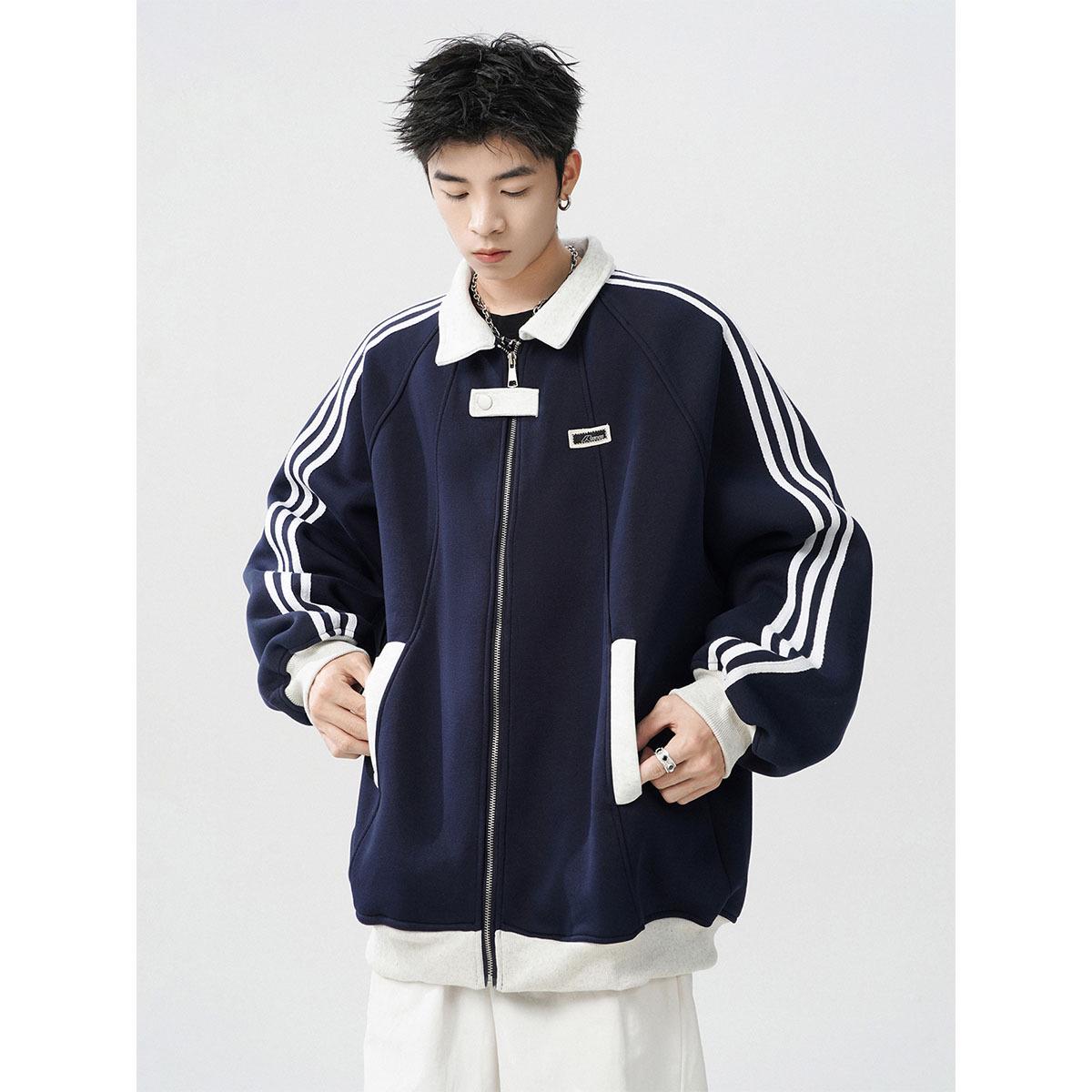 Men s Retro Color Block Striped Lapel Jacket - High-End Winter Sportswear & Street Style L