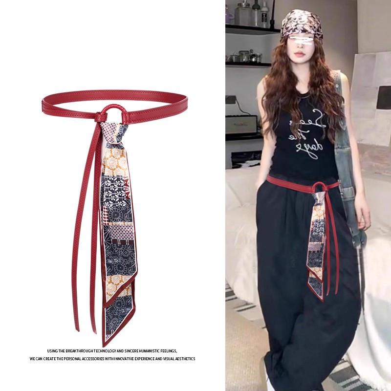 Foulard Vintage Rouge en Soie Ceinture - Ceinture Ruban Hip Hop Punk pour Femme avec Accent Chaîne pour Jeans