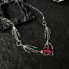 Women Necklace Red Rhinestone Heart Pendant Skeleton Hand Shape Punk Dark Style Individual Hollow Out Neck Jewelry for Club Party