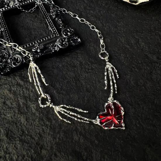 Women Necklace Red Rhinestone Heart Pendant Skeleton Hand Shape Punk Dark Style Individual Hollow Out Neck Jewelry for Club Party