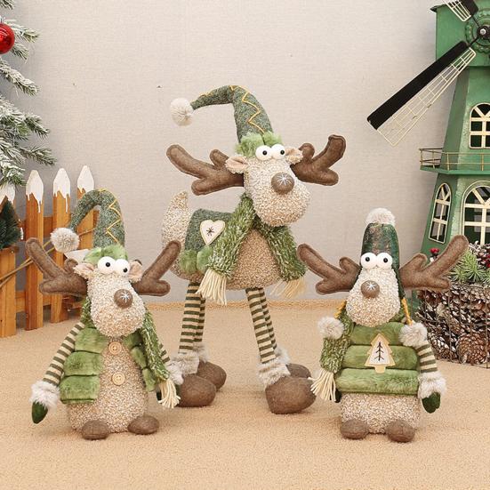 Christmas Reindeer Plush Toy with Retractable Legs Handmade Long-Legged Cartoon Elk Plush Doll Xmas Holiday Party Decoration Ornament