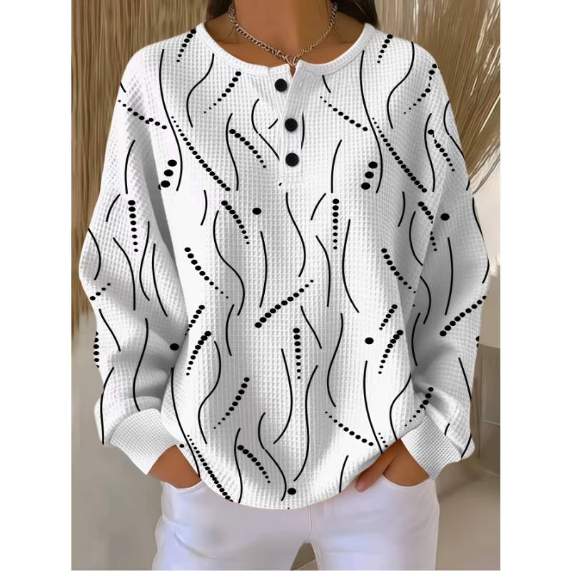 Women's Henley Collar Waffle T-Shirt - Soft Loose Fit Top with Full-Body Black Curved Polka Dot Print
