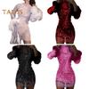 Lady Evening Dress Sequin Fluffy Faux Fur Decor Slim Fit Sheath Mini Dress Long Sleeves Mesh Prom Party Dress