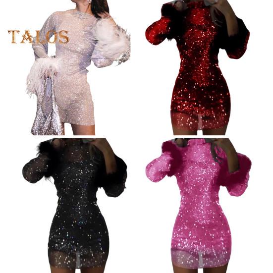 Lady Evening Dress Sequin Fluffy Faux Fur Decor Slim Fit Sheath Mini Dress Long Sleeves Mesh Prom Party Dress