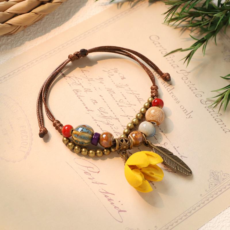 Adjustable Hand Woven Bracelets Women Ceramics Natural Plant Acorn Hand Strap Vintage Forest Series Beaded Rope Chain