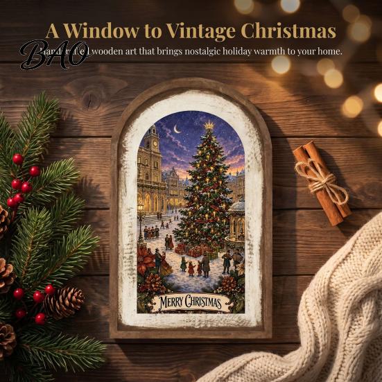 Hanging Xmas Ornaments Rustic Christmas Wooden Decoration, Vintage Arched Window Frame Wall Decor Decor, Winter Holiday Party Table Sign