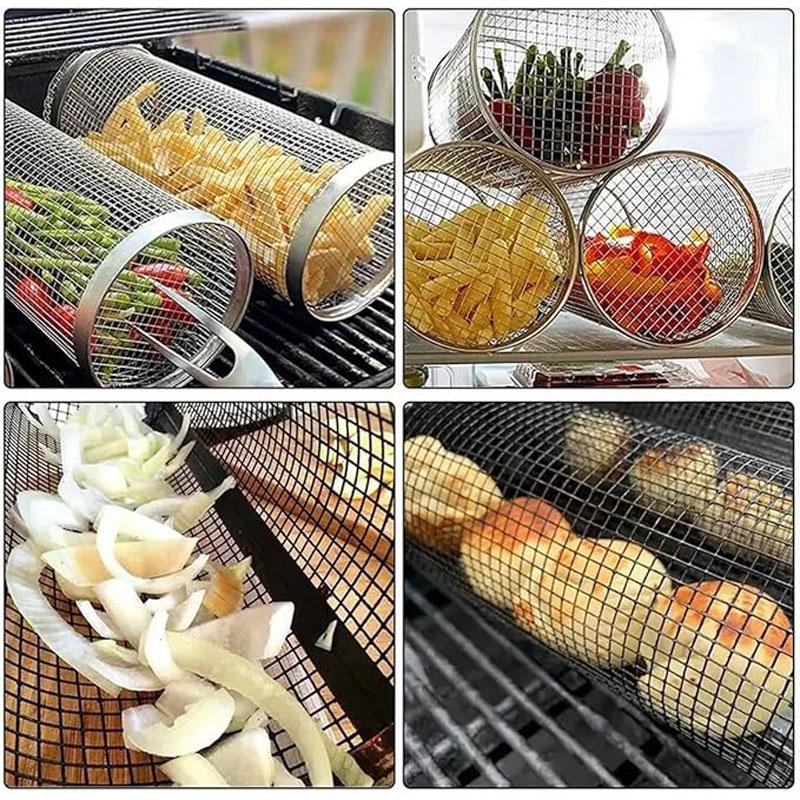 Round Barbecue Basket Stainless Steel Rolling Barbecue Basket Portable Round Outdoor Camping Barbecue Grill Vegetables, Fish