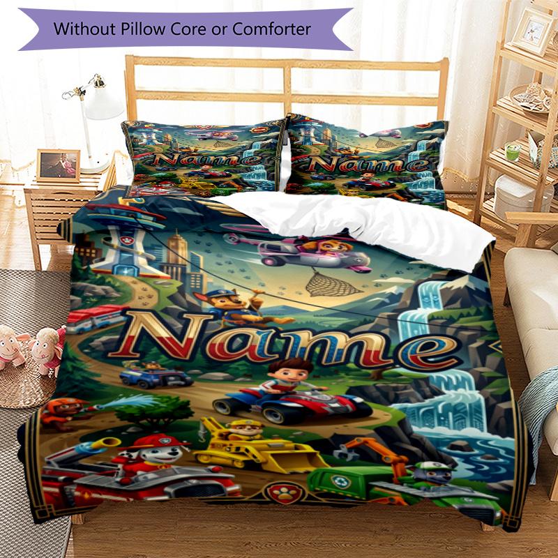 3pcs Duvet Cover Set (1*Duvet Cover + 2*Pillowcase, Without Core), Custom Name PAW Patrol Pattern Bedding Set, Home Bedroom Decor Gift