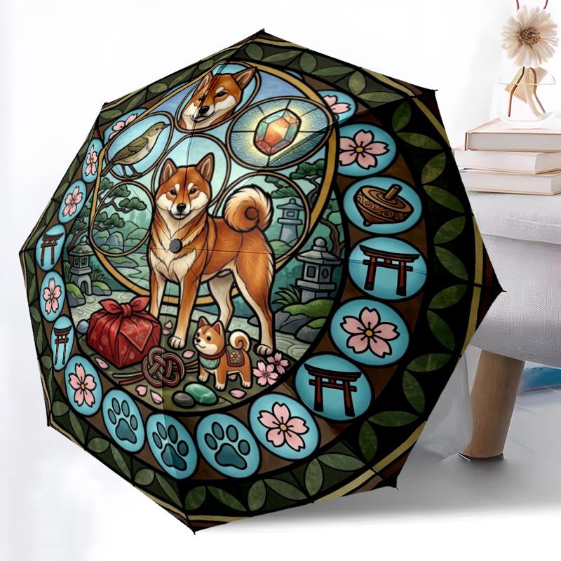 Japanese Shiba Inu Glass Pattern Umbrella, Portable and Foldable Design, 8 Ribs, a Casual Accessory for Halloween, Christmas, and Birthday Gifts.