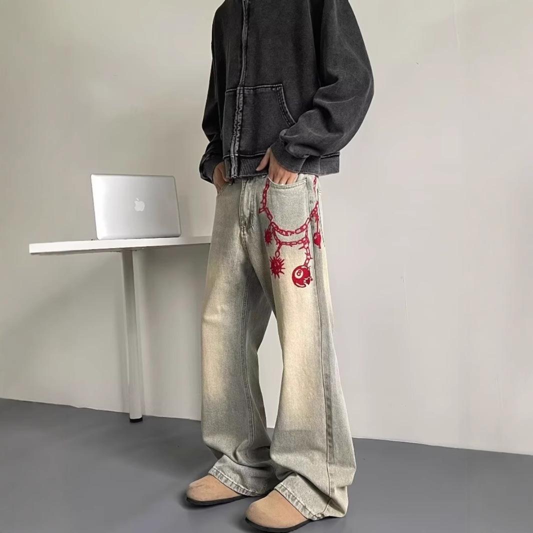 

Мужские джинсы прямого кроя с микроклешем в американском ретро-хип-хоп уличном стиле с вышивкой XL