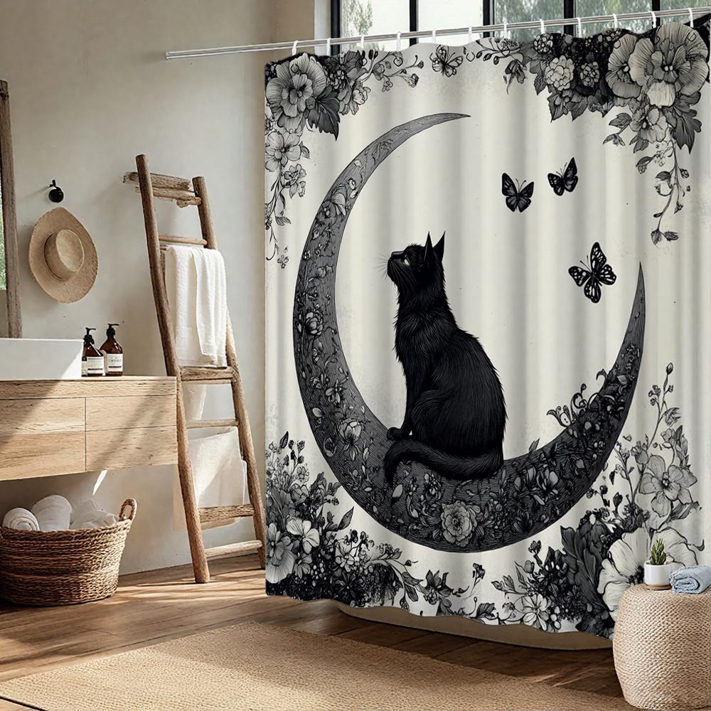 Black Cat on Moon Shower Curtain 1pc – Floral Crescent & Butterflies, Monochrome Mystical Art for Gothic Bathroom Decor