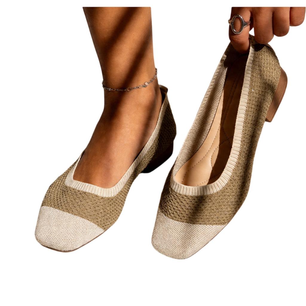 Women's Plus Size Casual Loafers Square Toe Slip On Lightweight Breathable Knit Upper Comfortable Flat Shoes