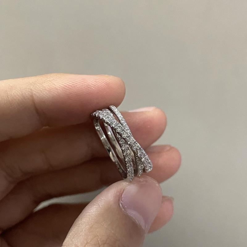 Full of Diamonds, Three Rows of Crossed Rings, Simple and Versatile, Personalized Niche Design, Rings, Light Luxury Temperament, Women