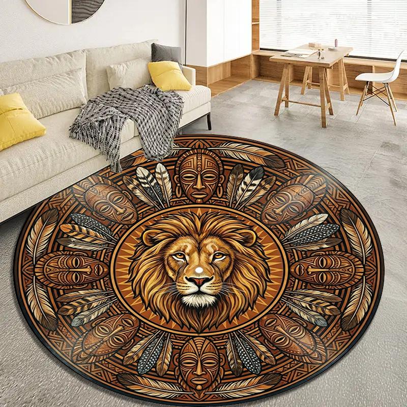 Retro Mandala Lion Round Area Rug,Carpet Rug for Living Room Bedroom Sofa Playroom Decor,Non-slip Floor Mat Q0037