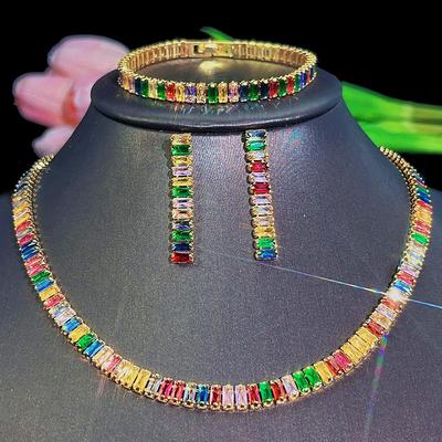 CMM 3 piezas superior brillante Multicolor CZ indio redondo gargantilla collar pendientes pulsera joyería conjunto baile banquete traje accesorios