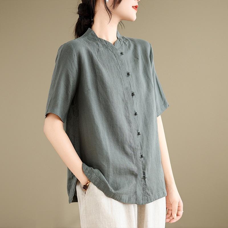 

Ретро Дзен однобортна бавовняно-лляна футболка з коротким рукавом жіноча проста з відчуттям дизайну нішева стійка комір кардиган топ 2XL блідо-зелений колір