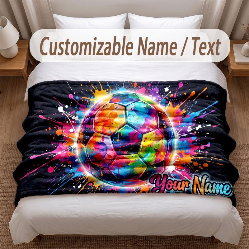 Soccer Theme Soft Blanket Personalized Custom Name Text Print Warm Blanket Home Sofa Bedroom Decor