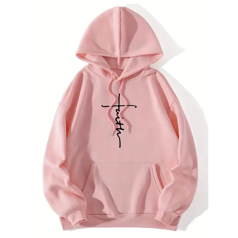 Faith Print Hoodies  Casual Drawstring Long Sleeve KangarooPocket Sweatshirt, Women's Clothing