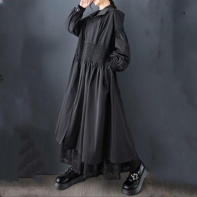 Long Sleeve Oversized Hooded Vintage Black Casual Loose Autumn Spring Trench Coat for Women Outerwear