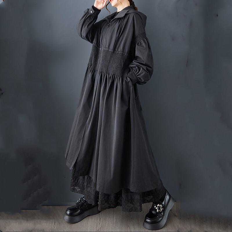 

Винтажное черное повседневное свободное худи оверсайз с длинным рукавом, осенне-весенний тренч для женщин, верхняя одежда