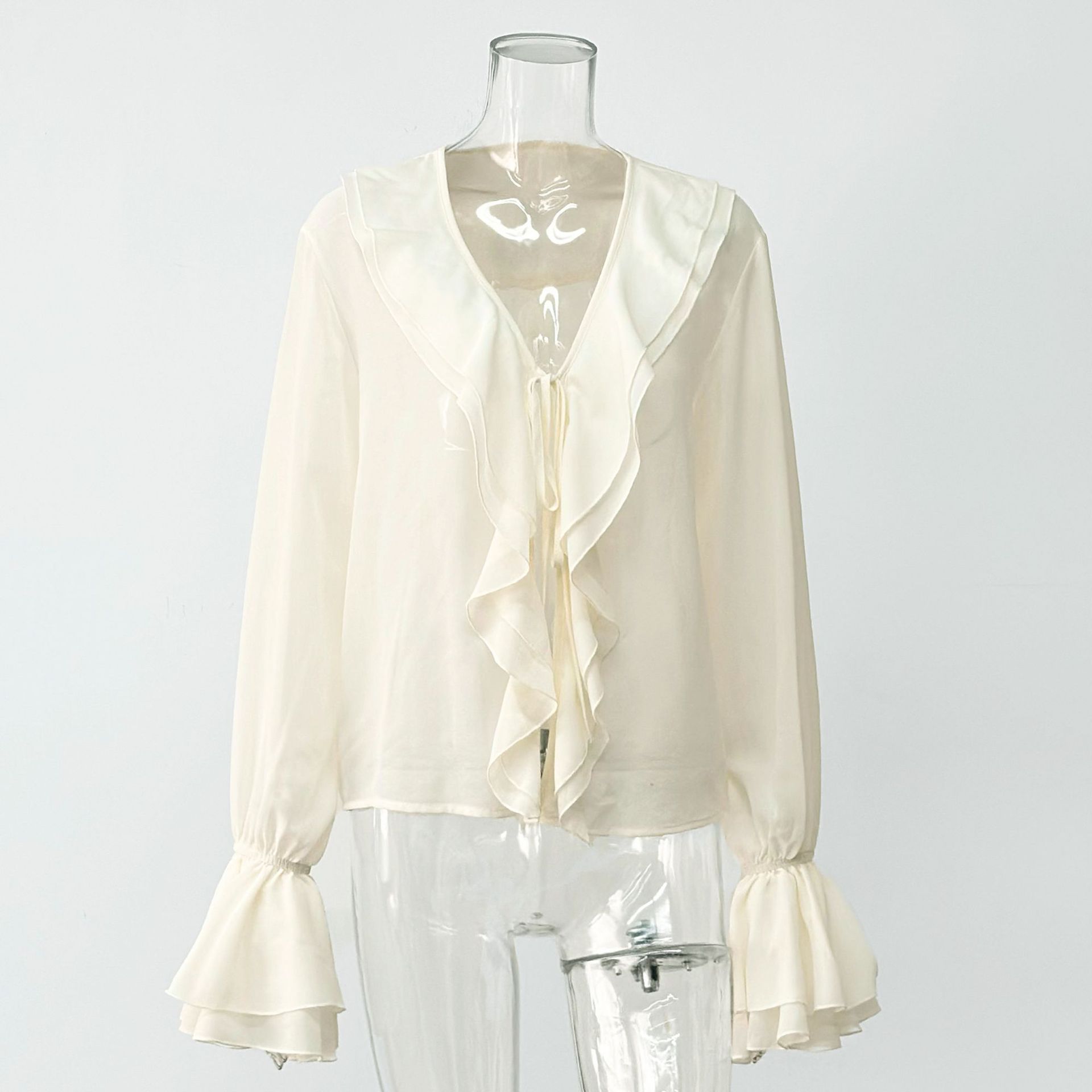 Spring French lazy niche ruffle edge chiffon top pure elegance temperament cardigan flared sleeve shirt women S светло-желтого