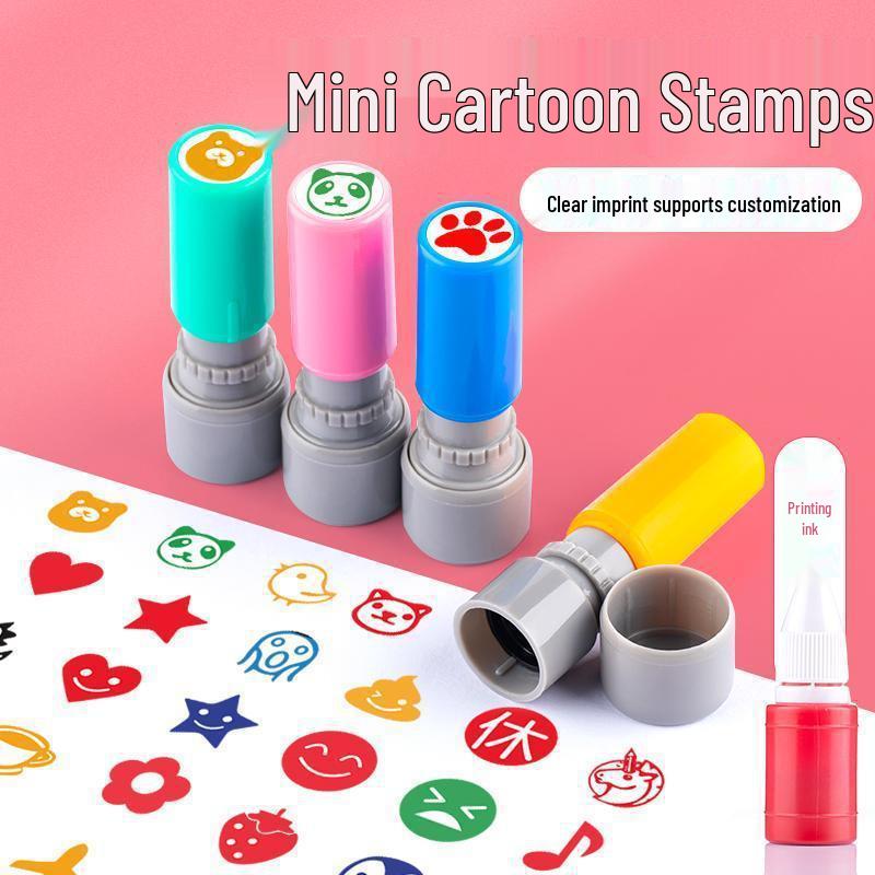 Set of 2 Cute Japanese Mini Stamps: Office Planner, Decorative Cartoon Stars, Smiley Faces, Red Flowers.