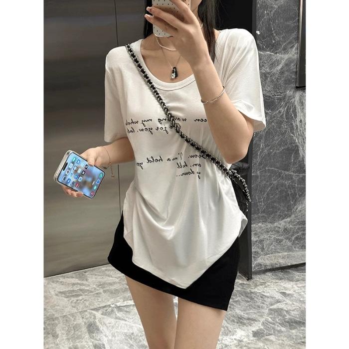 

Irregular hem loose casual temperament short-sleeved U-neck T-shirt women s thin versatile S белый