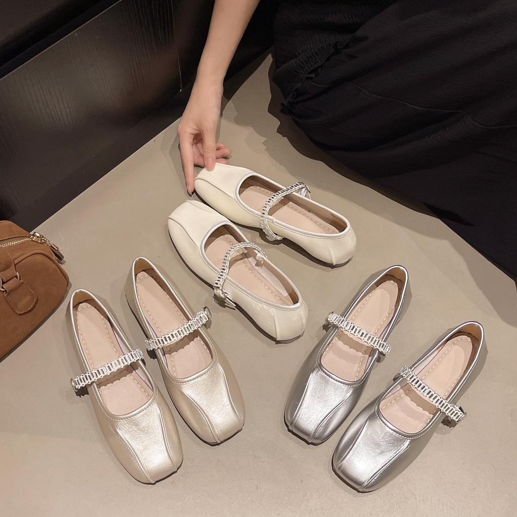 French rhinestone flat Mary Jane shoes women's summer and autumn new square head shallow mouth single shoes women's beanie shoes