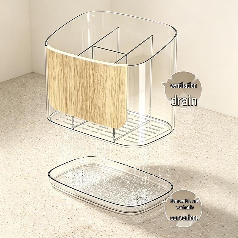 Bamboo Wood Grain Chopstick Holder with Draining Rack