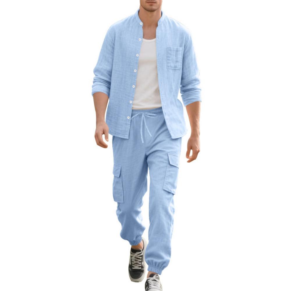 Spring and Summer Men's Linen Button Long Sleeved Shirt and Pants Set, Fashionable, Casual,  Breathable, Quick Drying 2-Pic Set