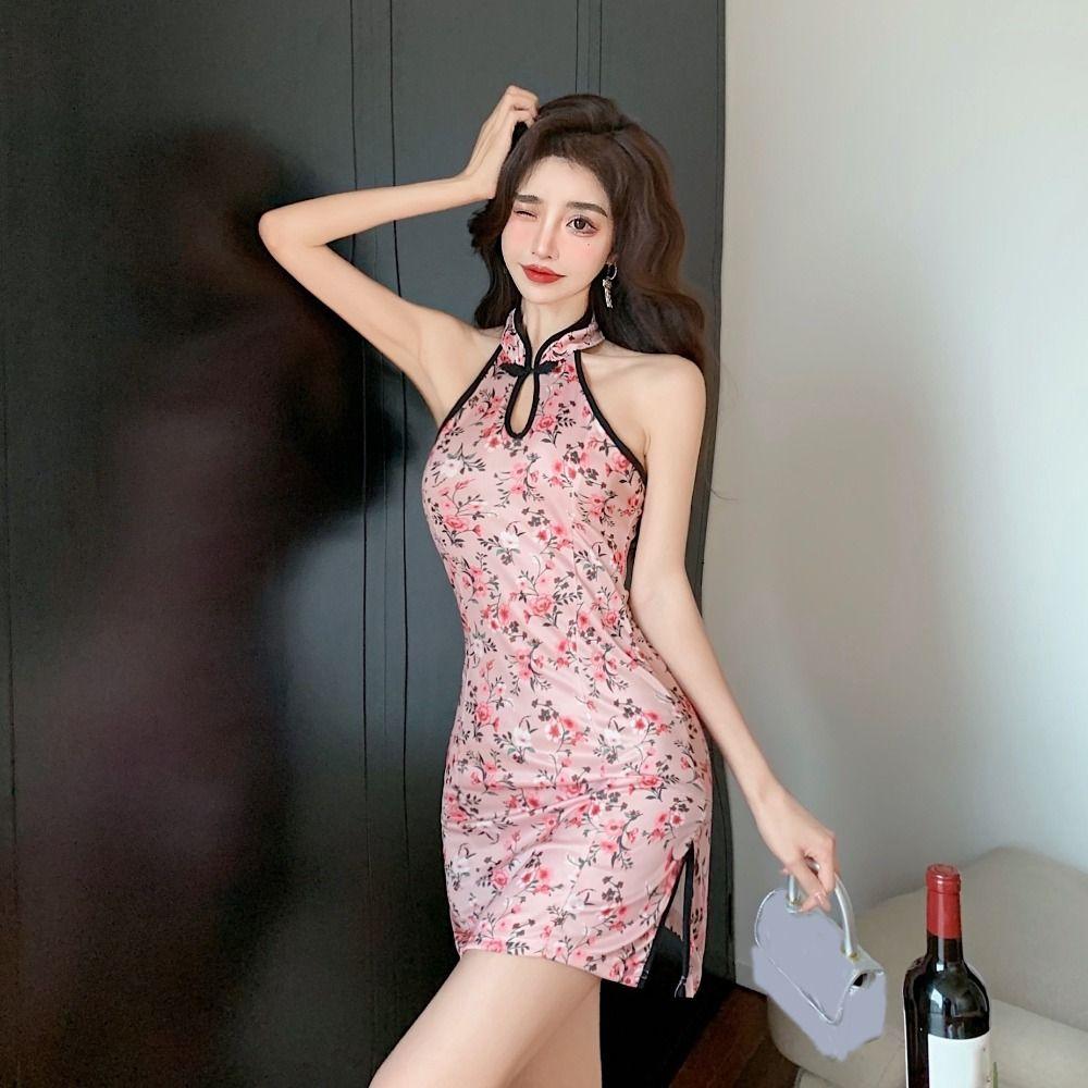 

Короткое мини-платье с цветочным принтом и лягушкой, юбка-ципао в элегантном китайском стиле, повседневная одежда Chi-pao m жёлтый