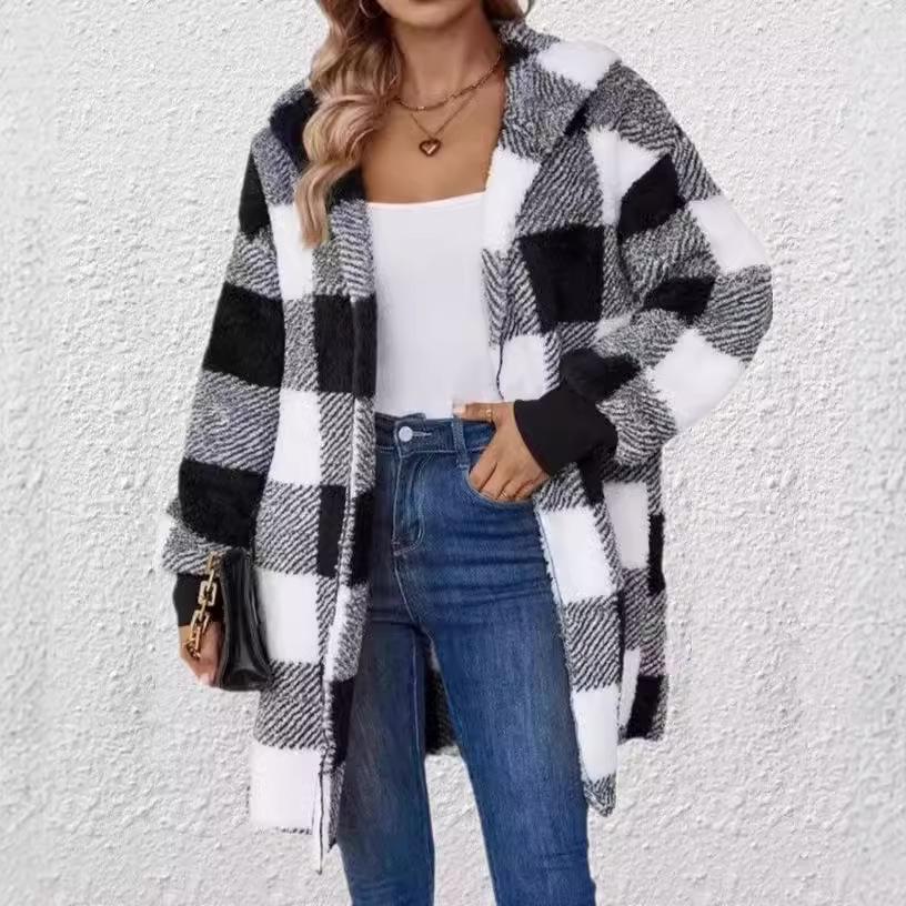 Women's Autumn/Winter Hooded Plaid Plush Cardigan Jacket