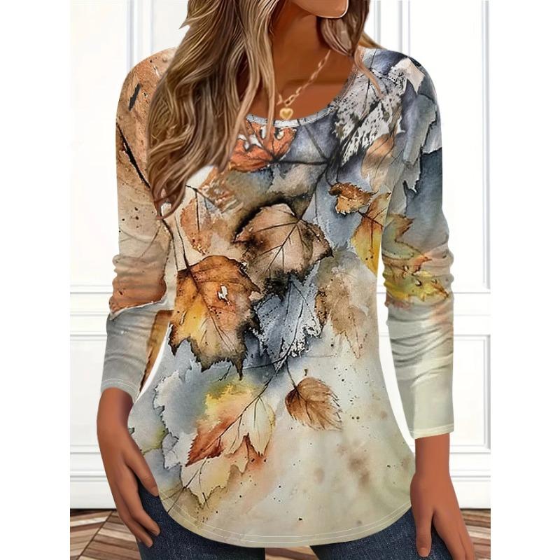 Vintage Leaves Floral 3D Print O-Neck Long Sleeve T-Shirts Fashion Casual Clothes Harajuku Women's T-shirts
