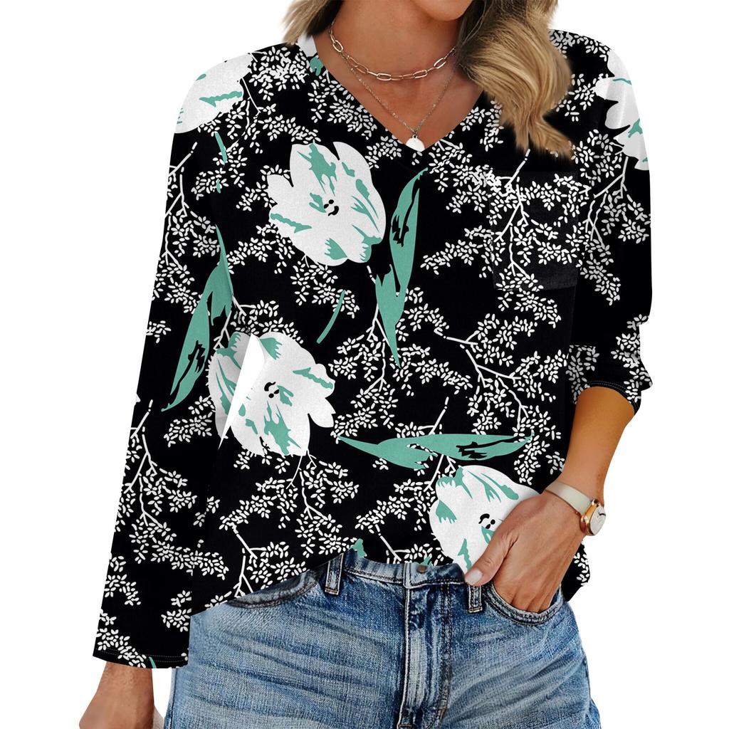 Dam Raglan Långärmad V-ringad T-shirt Sömnad Enfärgad Casual Topp Pullover V-ringad Ficka Underdel