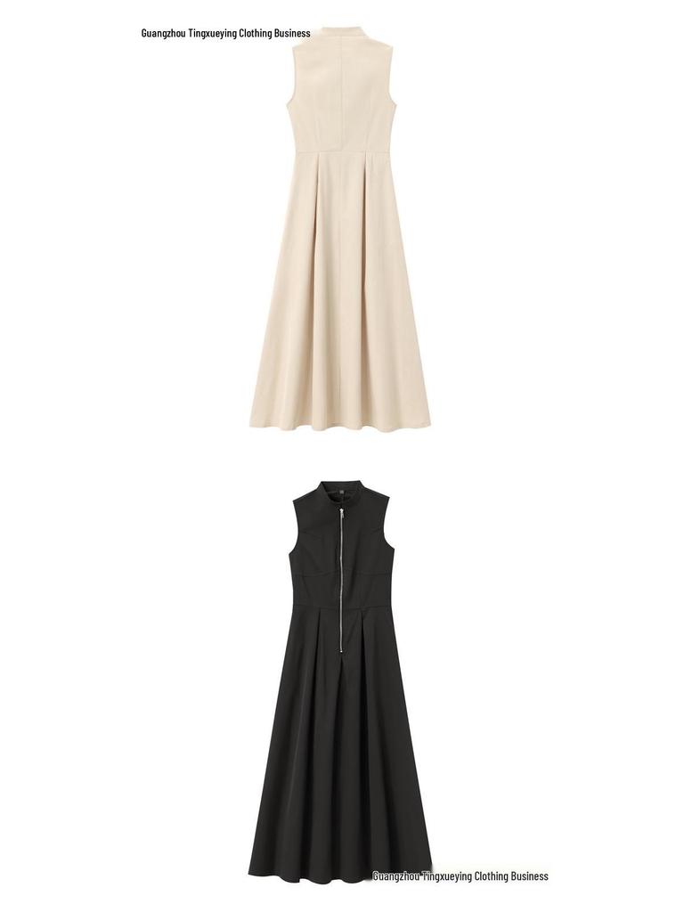 Spring 2026 European & American Style Women's Midi Dress: French Design, Round Neck, Sleeveless, Waist-Cinching, Commuter Chic