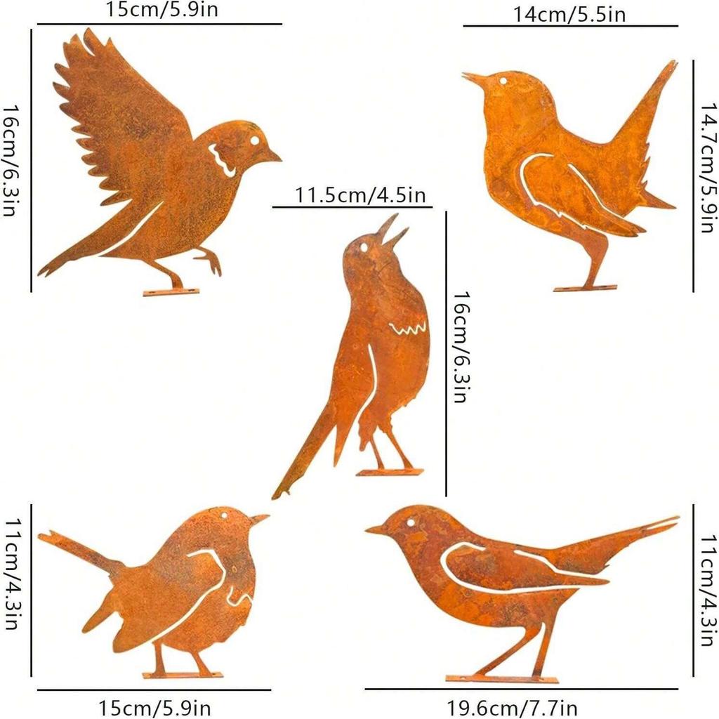 Teum 5 Rusted Metal Bird Sculptures - Outdoor Garden Decoration