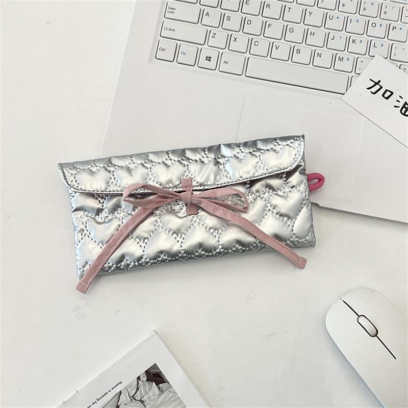 Sweet Quilted Bow Love Flap Pencil Case Organizer Coin Purse  Girly Cosmetic Bag Women Portable Sundries Storage Bag Gift