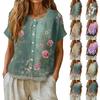 Damen Vintage Blumenprint Knopfleiste Bluse Kurzarm Henley-Kragen Leichtes Lässiges Oberteil für Sommer Frühling