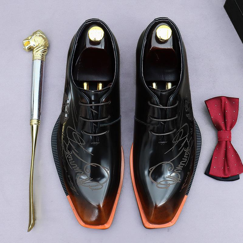 Business Dress Leather Shoes Men's Oxford Cowhide Genuine Leather Casual Lacquered Bright Leather British
