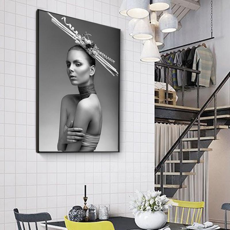 Black And White Short Hair Girl Painting Rabbit Hat Sexy Lady Poster For Living Room Nordic Wall Art Decoration Picture Salon
