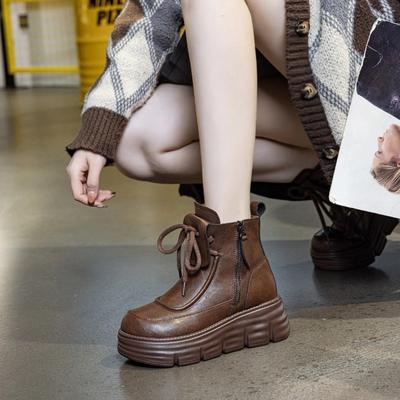 Soft Leather Platform Snow Boots Women's Inner Height Increase Martin Boots Retro Short Boots Autumn and Winter Velvet High-top Cotton Shoes