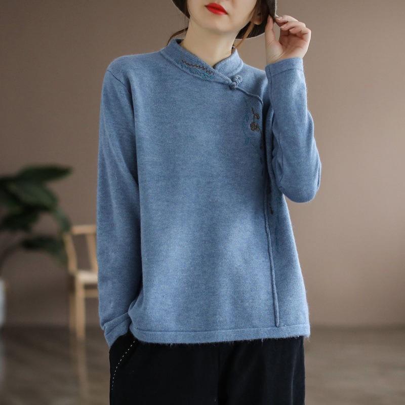 Damen Vintage Chinesischer Ethno-Stil Stickerei Elegant Dickes T-Shirt Herbst Winter Mode Stehkragen Langarm Pullover